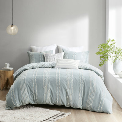 Full/Queen Size Cotton Duvet, Stripe And Reverse With Inside Corner Ties 3 Piece Bedding For Full/Queen, Diamond Print