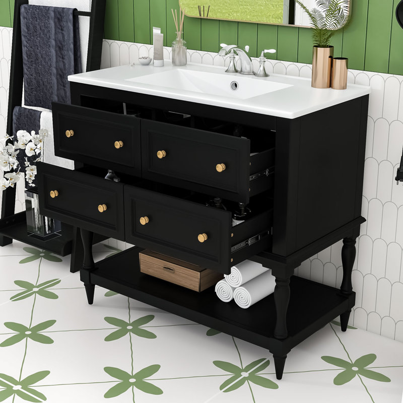 Ensemble de meuble-lavabo simple autoportant avec lavabo en céramique encastré Eftime Modern, Noir, noir, noir, noir