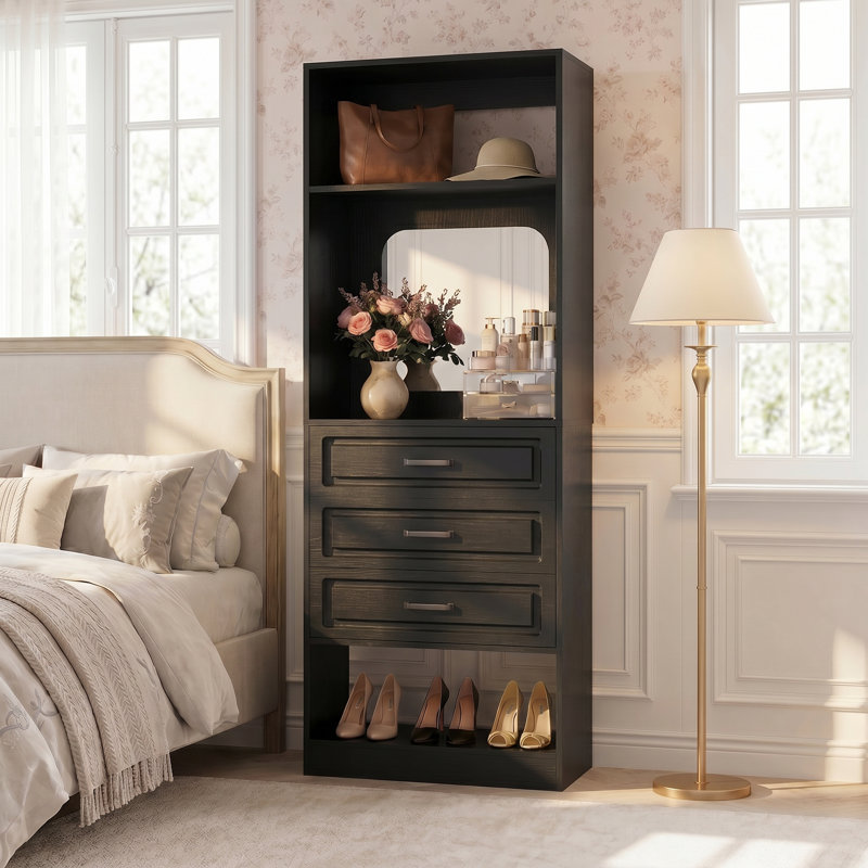 Système de placard avec tiroirs et miroir, Noir