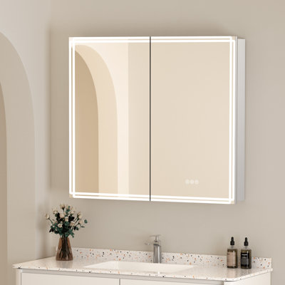 Armoire à pharmacie avec miroir à DEL, l 48 po x H 32 po, armoire encastrée ou à fixation en surface avec lumières DEL, cadre en aluminium, anti-buée, tablette réglable en verre trempé, lumière à intensité variable, prises et USB, homologuée ETL