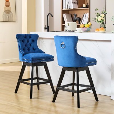 Velours à boutons rotatif à 360 degrés, rembourrage en mousse, pieds en bois, garniture, 2 sièges pivotants bleus pour la salle à manger avec détails, rotation à 360 degrés, rembourré, de 2