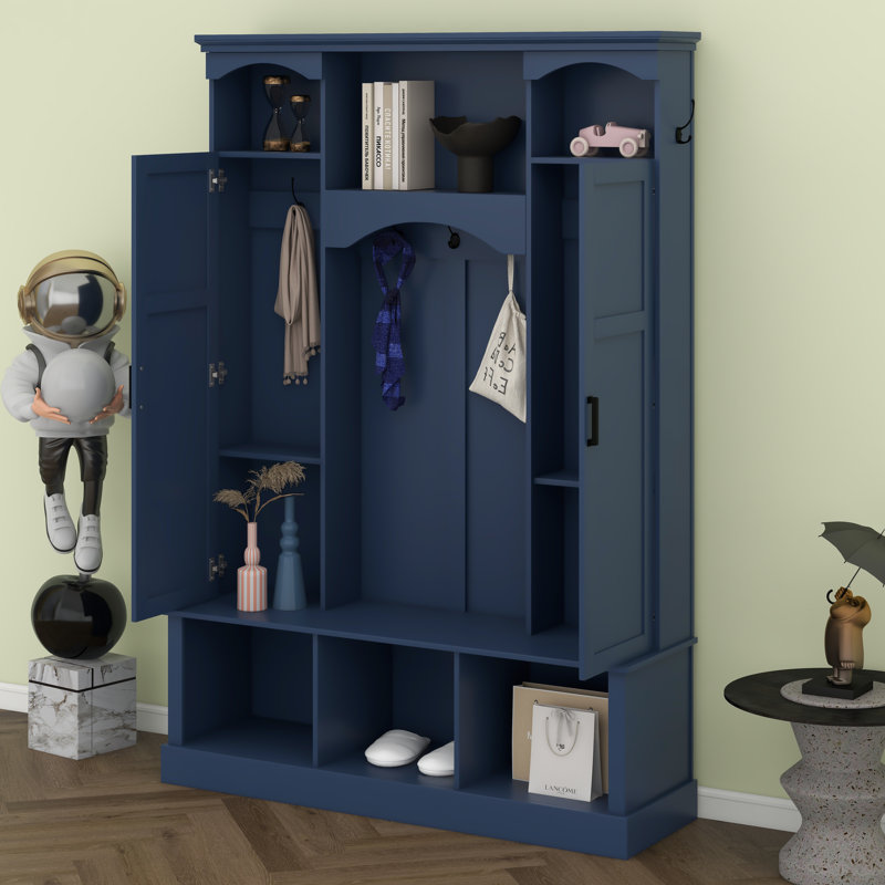 Hall Tree With Adjustable Shelves & 7 Hooks, Entryway Organizer, Shoe Cabinet & Storage Bench, Dual Side Cabinets, Bleu