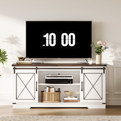 Meuble télé 59 po Rustic Farmhouse pour téléviseur de 65 po ou moins - Portes de grange coulissantes - Tablette de rangement réglable - Blanc et brun