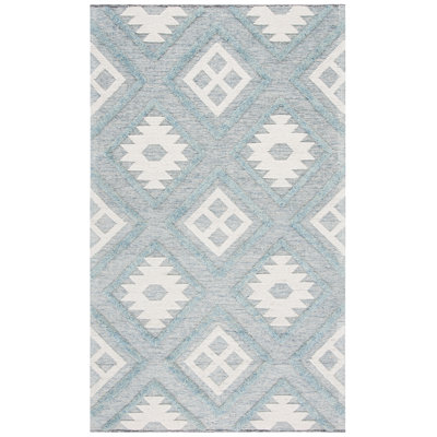 Tapis bleu / ivoire tissé à la main en laine / coton Vermont