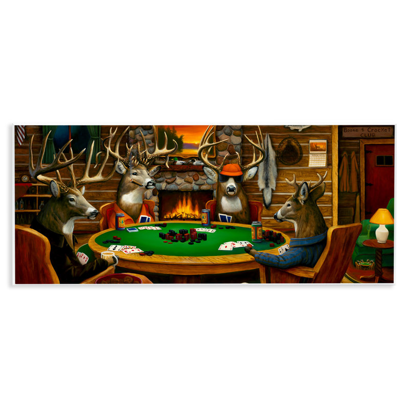 Deer, animaux jouant au poker, cabane de table, art mural par Leo Stans