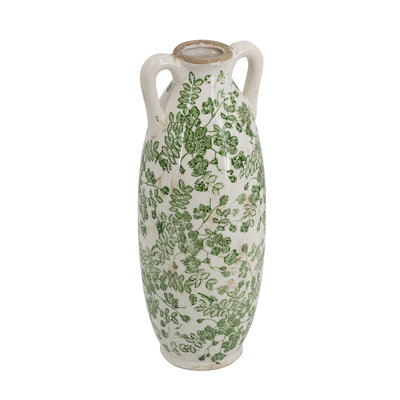 White Ceramic Flower Vase with Green Floral Pattern and Small Handles