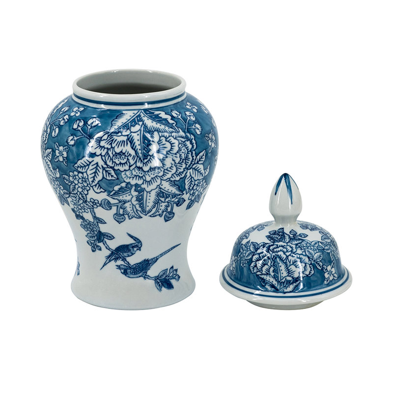 Pot à gingembre classique en porcelaine bleue et blanche avec motif élégant de fleurs et d'oiseaux