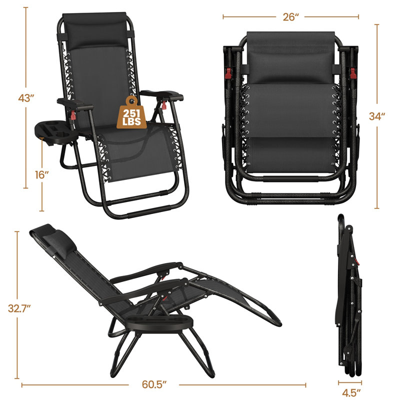26in Outdoor Zero Gravity Chair with Cupholder and Pillow, Black