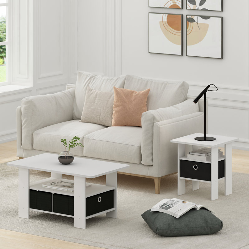 Kenton Coffee Table with Bin Drawer, White Top/Black Base