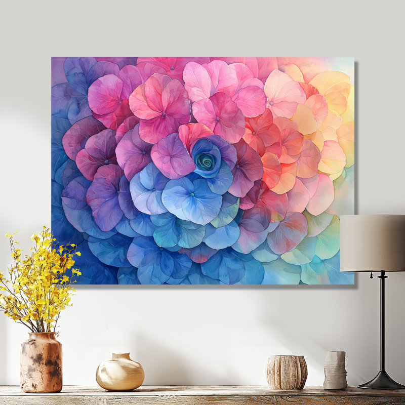Hortensia coloré tourbillonnant I - hydrangées, décoration murale, H 30 po x l 40 po, Toile tendue, Ne s’applique pas