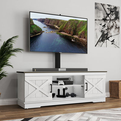 Farmhouse TV Stand With Height Adjustable Mount & 2 Barn-Door Storage Cabinet