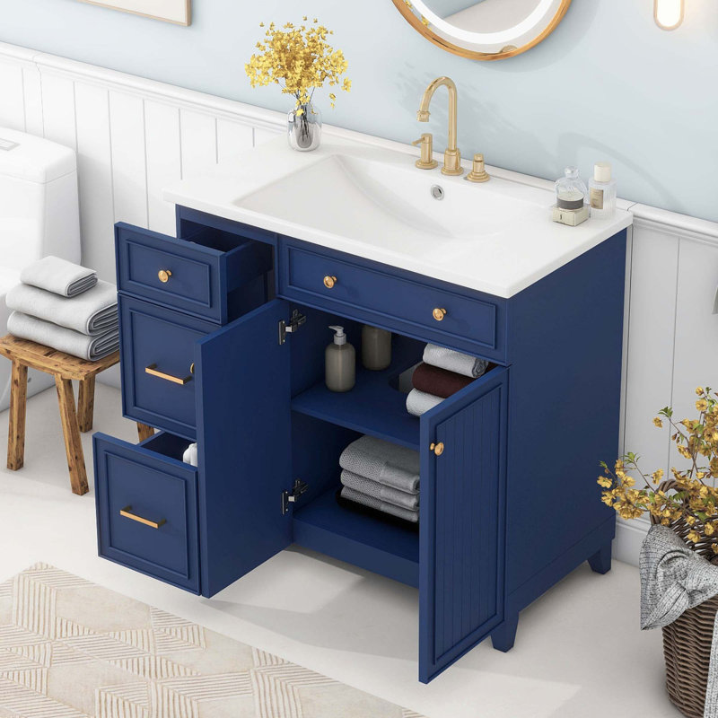Meuble-lavabo de 36 po de style transitionnel avec lavabo en résine, Bleu