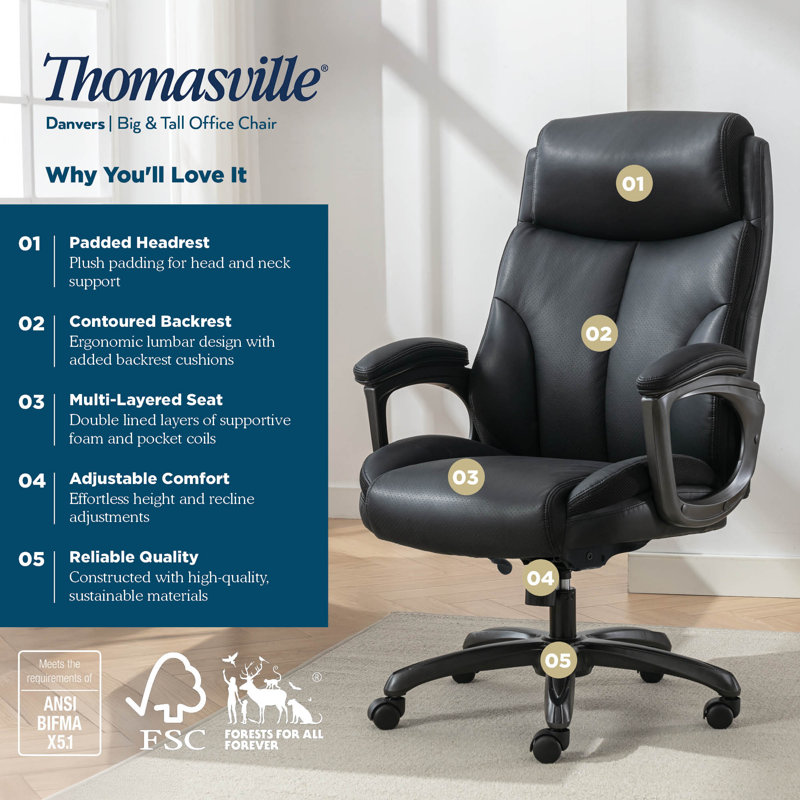 Adamstown® Danvers Big & Tall Office Chair, with Ergonomic High-Back and Contoured Lumbar Support, Vegan Leather, Black