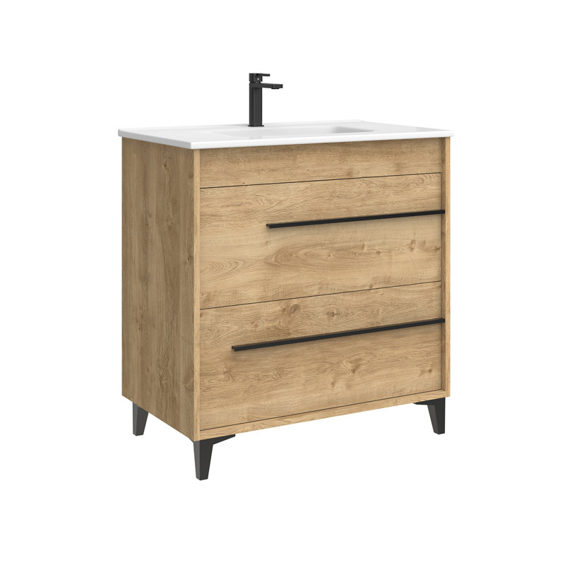 Lotus Freestanding Single Bathroom Vanity with Ceramic Top, Natural Oak, 32"
