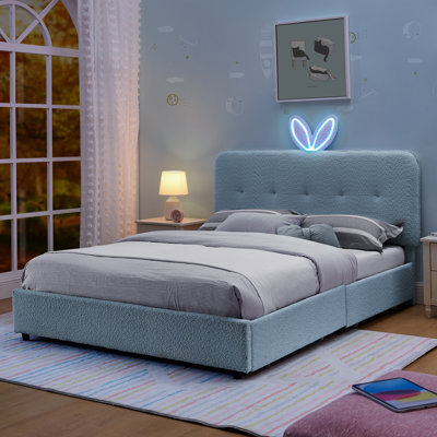 Lit tapissier avec tête de lit à oreilles de lapin, lumière DEL et 4 tiroirs de rangement