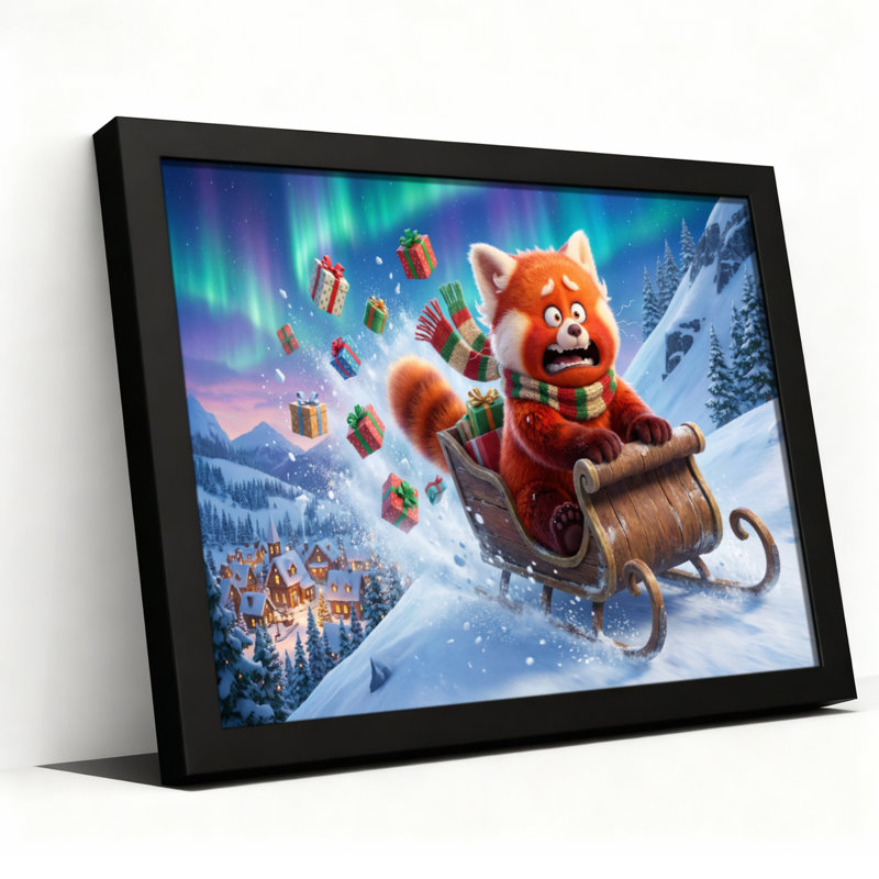 Ensemble de 1 tableau sur toile tendue représentant un panda roux lors d'une promenade en traîneau à Noël, H 20 po x l 30 po