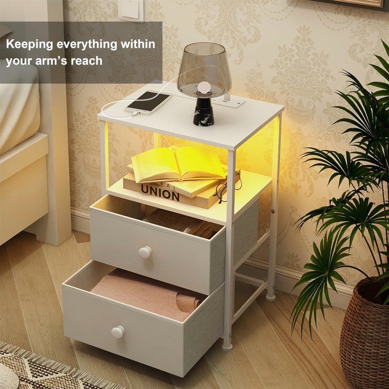 Bedside Table With Charging Station, LED Light And 2 Fabric Drawers