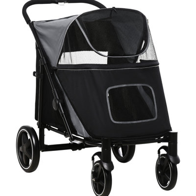 Poussette pour animaux de compagnie pour les grandes races - intérieur ventilé, absorption des chocs, tissu épais gris qui marche, ventilation