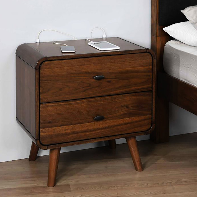 Table de chevet contemporaine en noyer foncé avec bouton en métal et 2 tiroirs pour placage de chambre à coucher