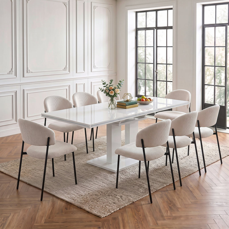 Expandable Dining Table Set of 8, 140-180cm High Gloss White Kitchen Table with 8 Chairs, Modern Pedestal Table for Living Room
