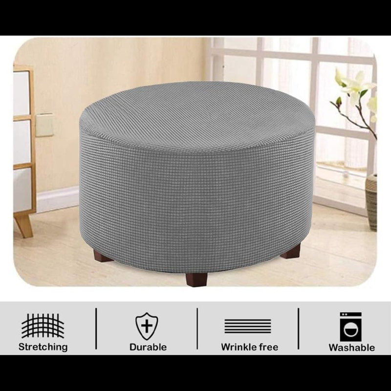 Round Ottoman Slipcover Polyester Blend Footstool Protector Covers Stretch With Elastic Bottom Feature Textured Machine Washable Jacquard Fabric