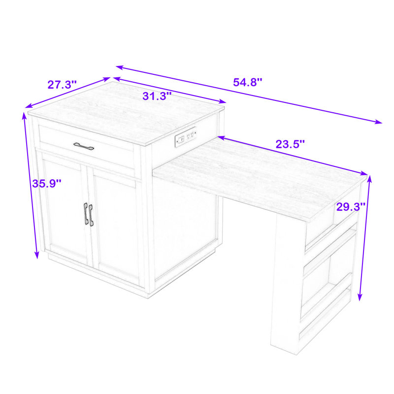 Devinder Wooden Kitchen Island with Extendable Dining Table, Built-in Charging Station and Ample Storage, White