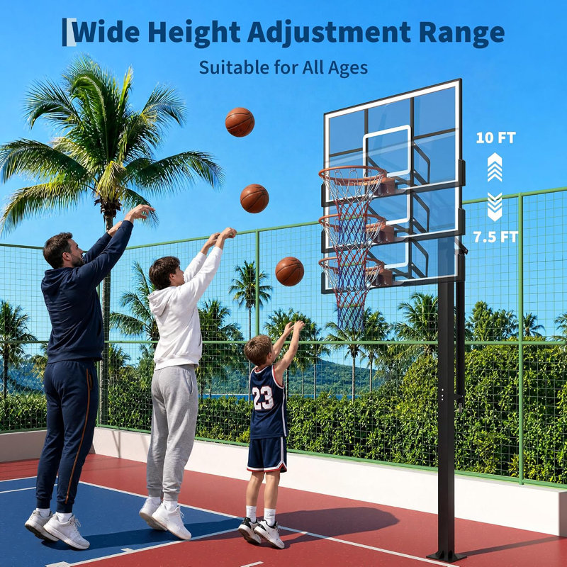 Panier de basketball encastré - panneau arrière en PC de 55 po, hauteur réglable de 7,5 à 10 pi, mât carré robuste avec rebord standard de 18 po