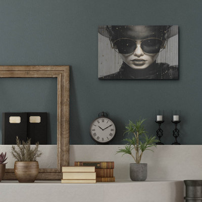  'Woman With Black And White Sunglasses 2' by Momart Metal Wall Art, 16" x 12"