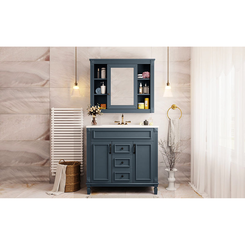 Armoire de salle de bain moderne avec lavabo, armoire à miroir bleue 36 po, meuble-lavabo à 2 portes et tiroirs