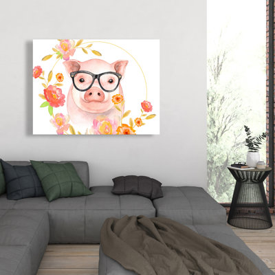 Happy little pig - Children Art Orange Canvas Home Decor