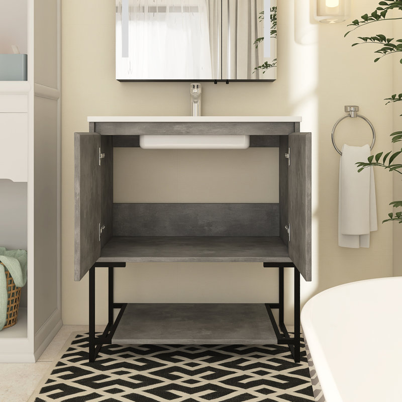 Meuble-lavabo simple 30 po avec plateau en résine Beloni, Blanc, Gris anthracite