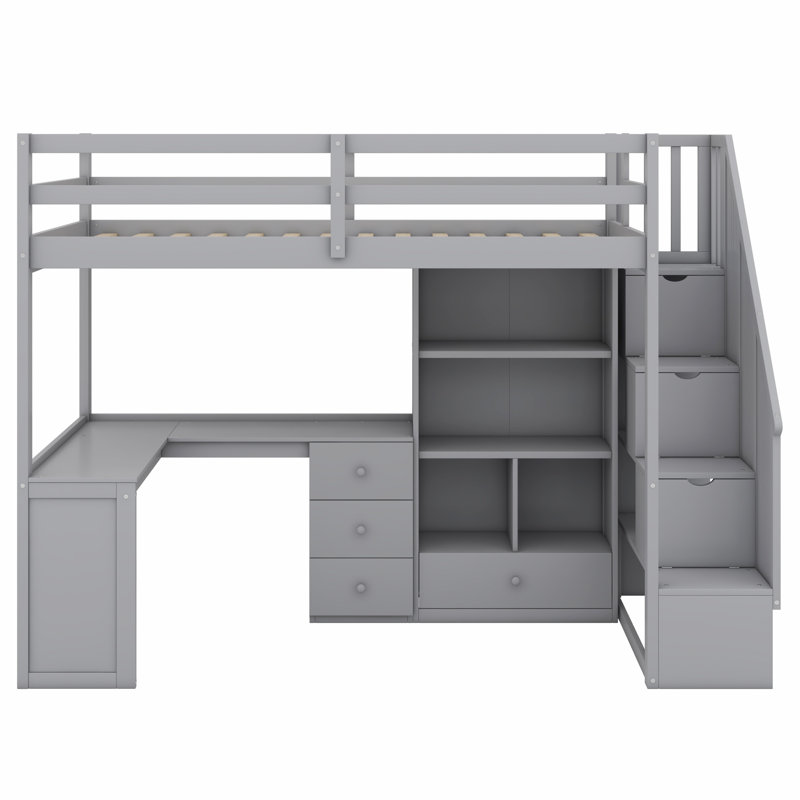 Loft Bed With L-Shaped Desk And Drawers, Cabinet And Storage Staircase, Gray
