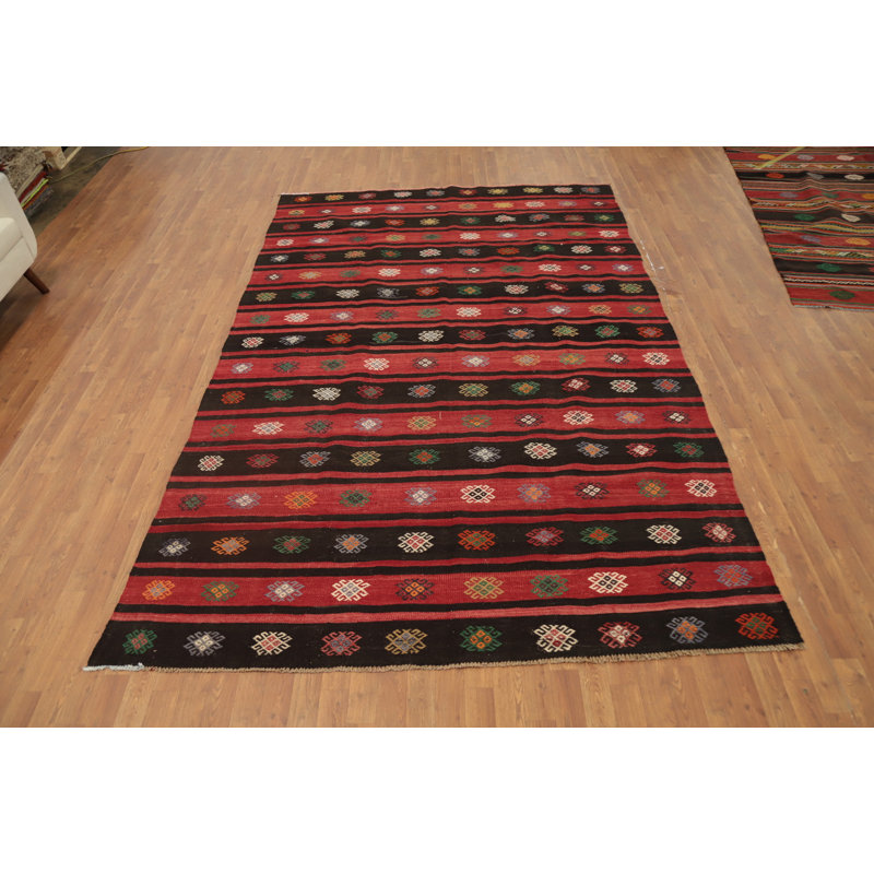 Tapis kilim rayé vibrant 7 x 11 avec motifs géométriques complexes