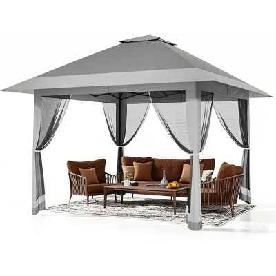 Abri de jardin escamotable 13 x 13 pi, avec moustiquaire et double toit, abri extérieur résistant aux rayons UV à hauteur réglable pour le patio, la cour, le jardin et le camping