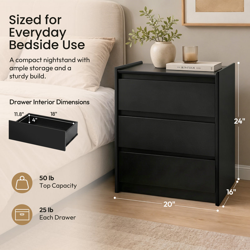 Modern Minimalist 20'' W 3-Drawer Nightstand with Hidden Charging Station, Black, Black, Individual