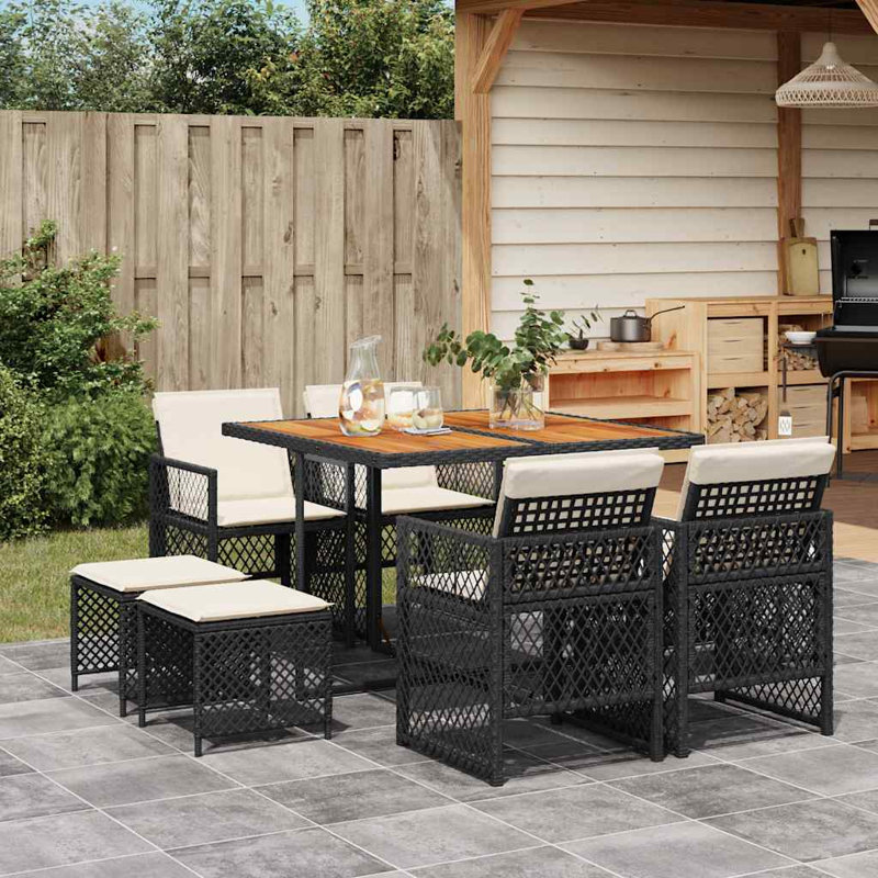 Patio Dining Set Table,, 9 Pieces: Table, 4 Stools, 4 Chairs, 73cm H x 110cm W x 106cm D, Cream White Cushion/Black Frame