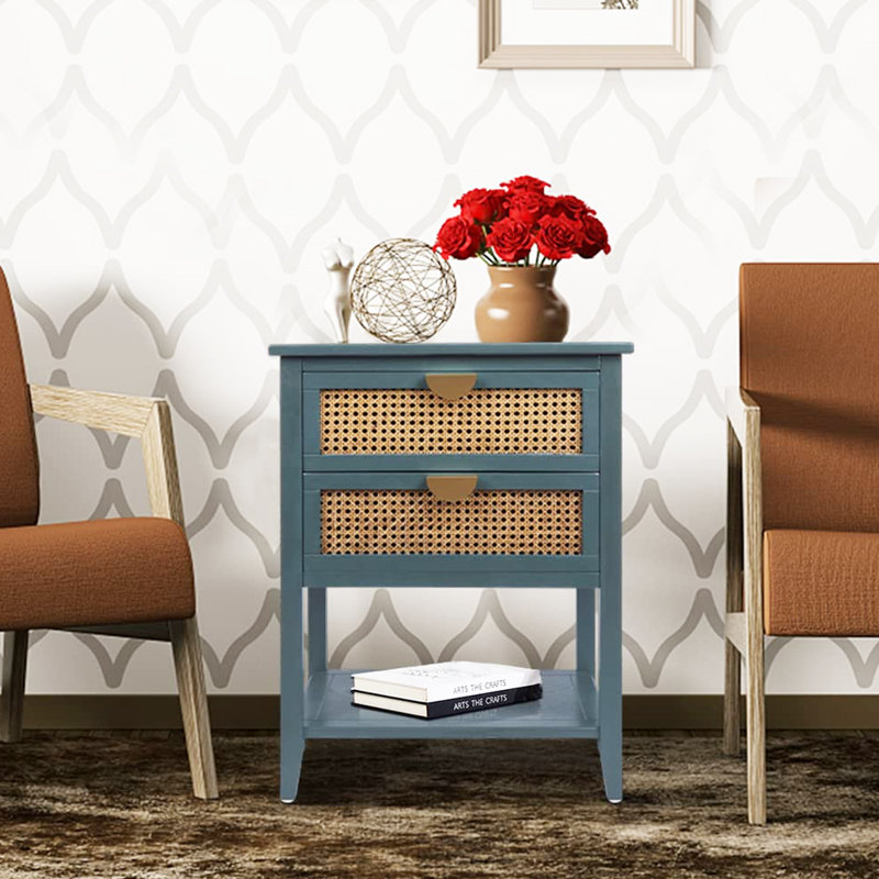Table de chevet Master avec 2 tiroirs en rotin, table de chevet avec rangement, table de bout Master, Turquoise