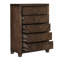 Commode en bois à 5 tiroirs avec poignées de bar antiques et pieds en chanfreiné, brun