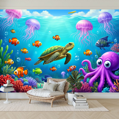 Peel and Stick Wallpaper 144" W x 100" H Modern Self Adhesive Wall Mural for Bedroom Underwater Ocean Scene Sea Turtle Colorful Fish Jellyfish