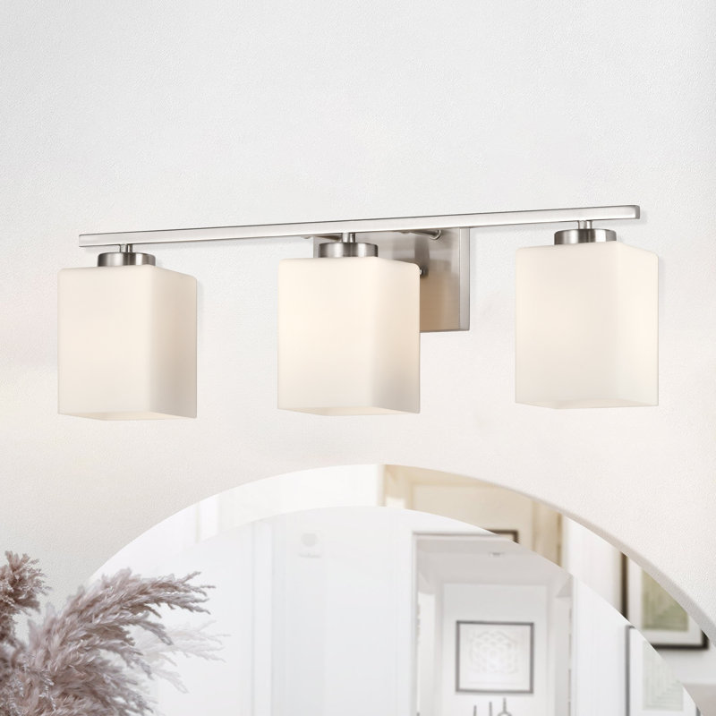 Indoor Bathroom Vanity Lights With Etched White Glass Square Rectangle Shades, 3 Lights, Brushed Nickel