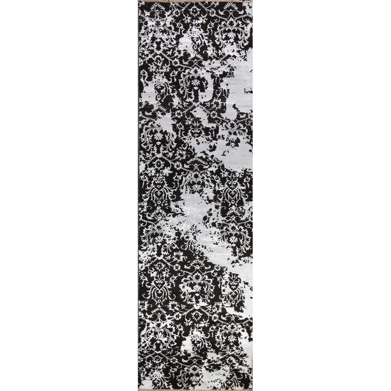 Tapis de couloir noir en laine noué à la main de conception unique 2 pi 8 po x 10 pi 6 po New Age