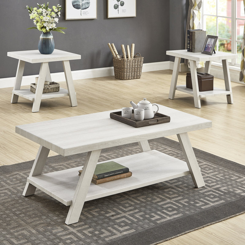 Table basse 3 - Gris et beige patiné, plateaux rectangulaires, tablette supplémentaire, plateaux en bois avec rangement et pieds évasés