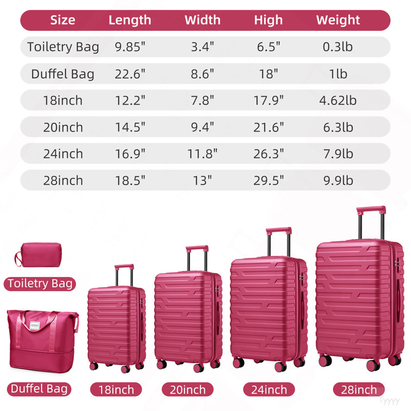 Ensemble de 6 valises avec sacs de voyage, valises rigides extensibles avec roulettes TSA Lock, rose rouge