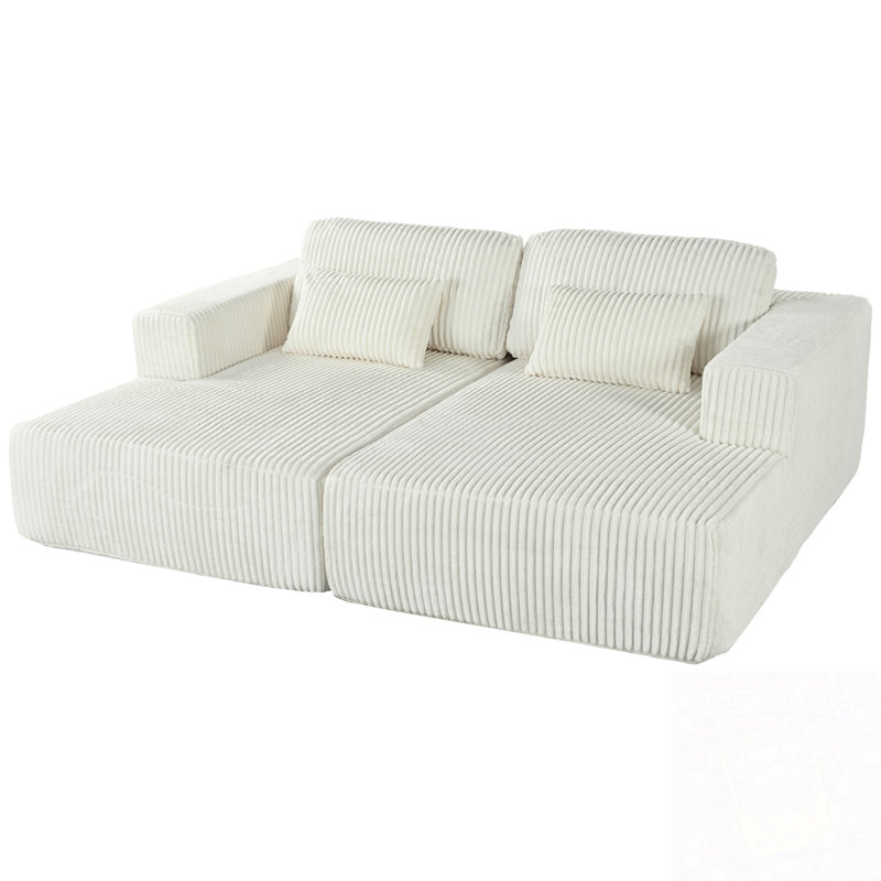 Corduroy Double Sofa Bed With 2 Pillows, White Corduroy