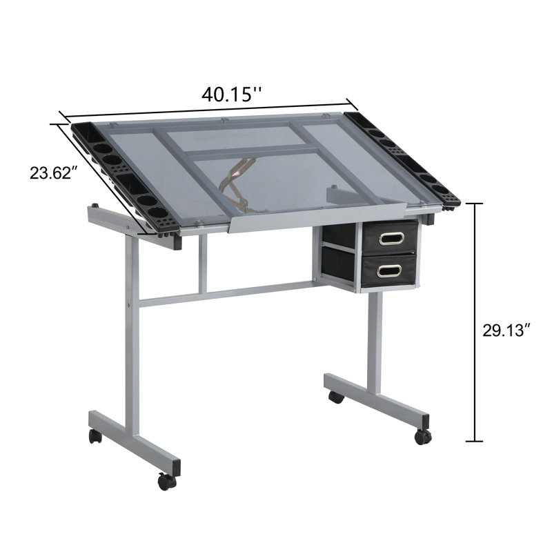 Table de dessin réglable avec 2 tiroirs en tissu et 4 roues, structure en acier robuste pour home studio et amateurs