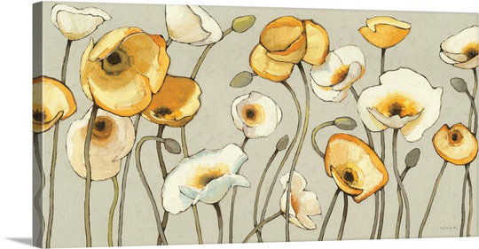 «Floral Gris Jaune Gris I» par Shirley Novak - imprimé, H 24 po x l 48 po x P 1,5 po, Toile