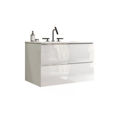 Meuble-lavabo mural de 30 po avec lavabo en céramique avec trois trous de robinet TIA, grand meuble-lavabo flottant de rangement pour salle de bain moderne, pré-assemblé