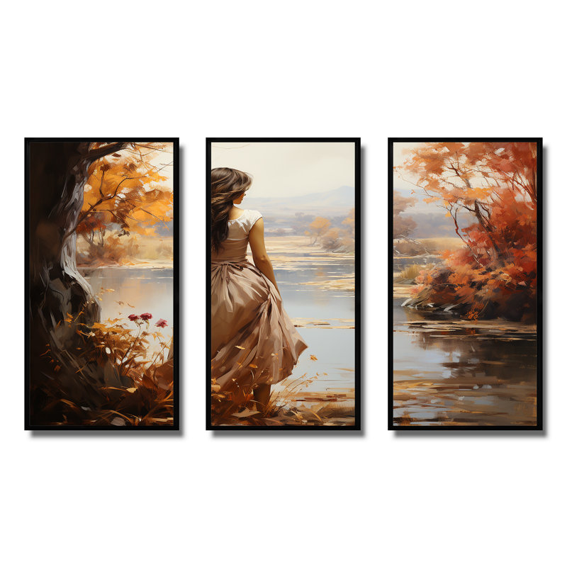 «Autumn Woman Dream Romantic Landscape», art mural paysage romantique, Cadre flottant noir, H 32 po x l 48 po