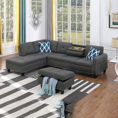 Cup - holder Console - Featured Corner Sofa in Charcoal - Dark Gray
