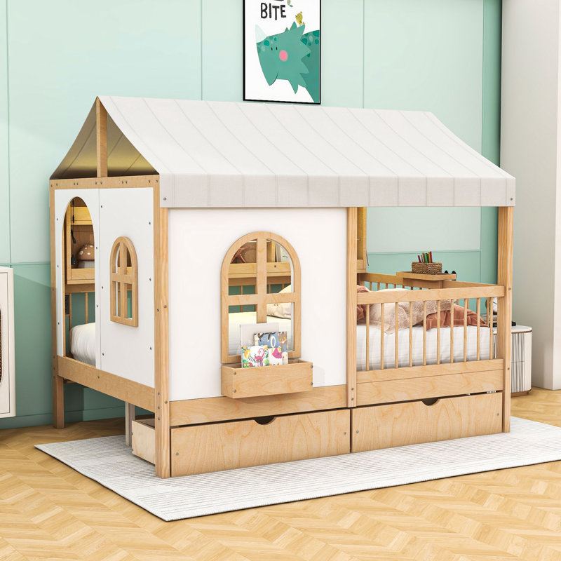 Full Size Wooden House-Shaped Bed With Charging Board, Shelf, Drawers And LED Strip, Natural